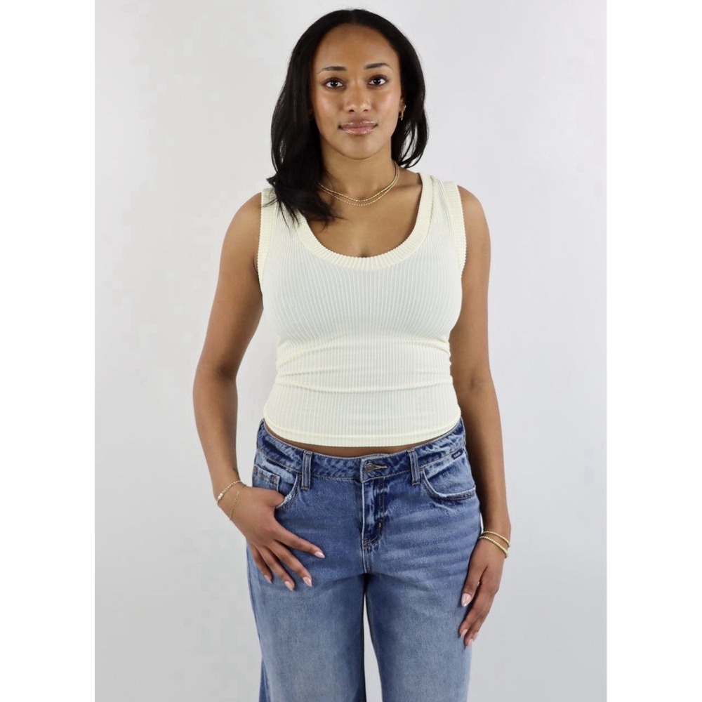 Free People NWT Neutral Ribbed Knit V-Neck Stretch Tank Top